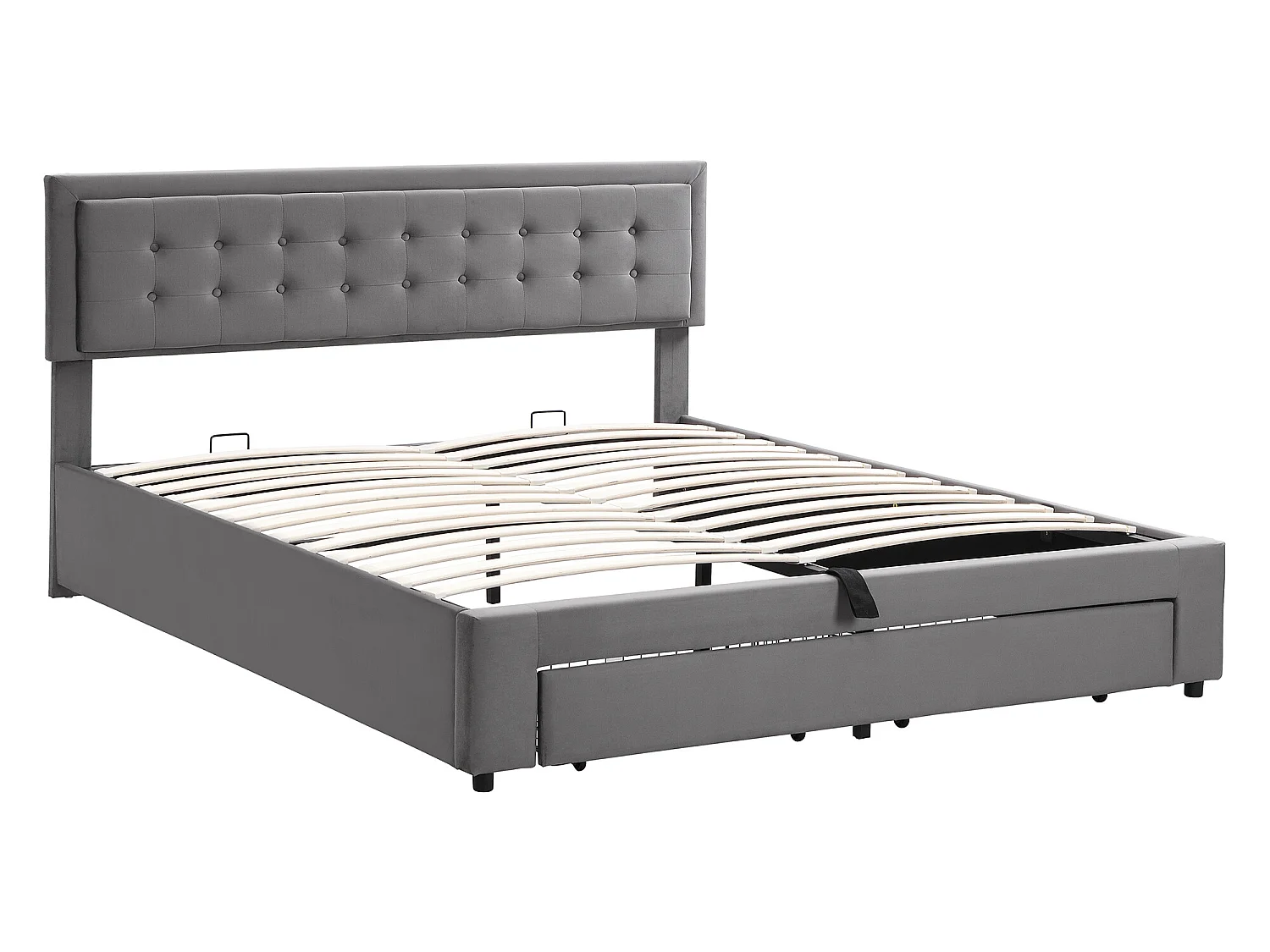 Cama contenedor acolchada 160x200cm en terciopelo - con cajón y somier - Gris (sin colchón)