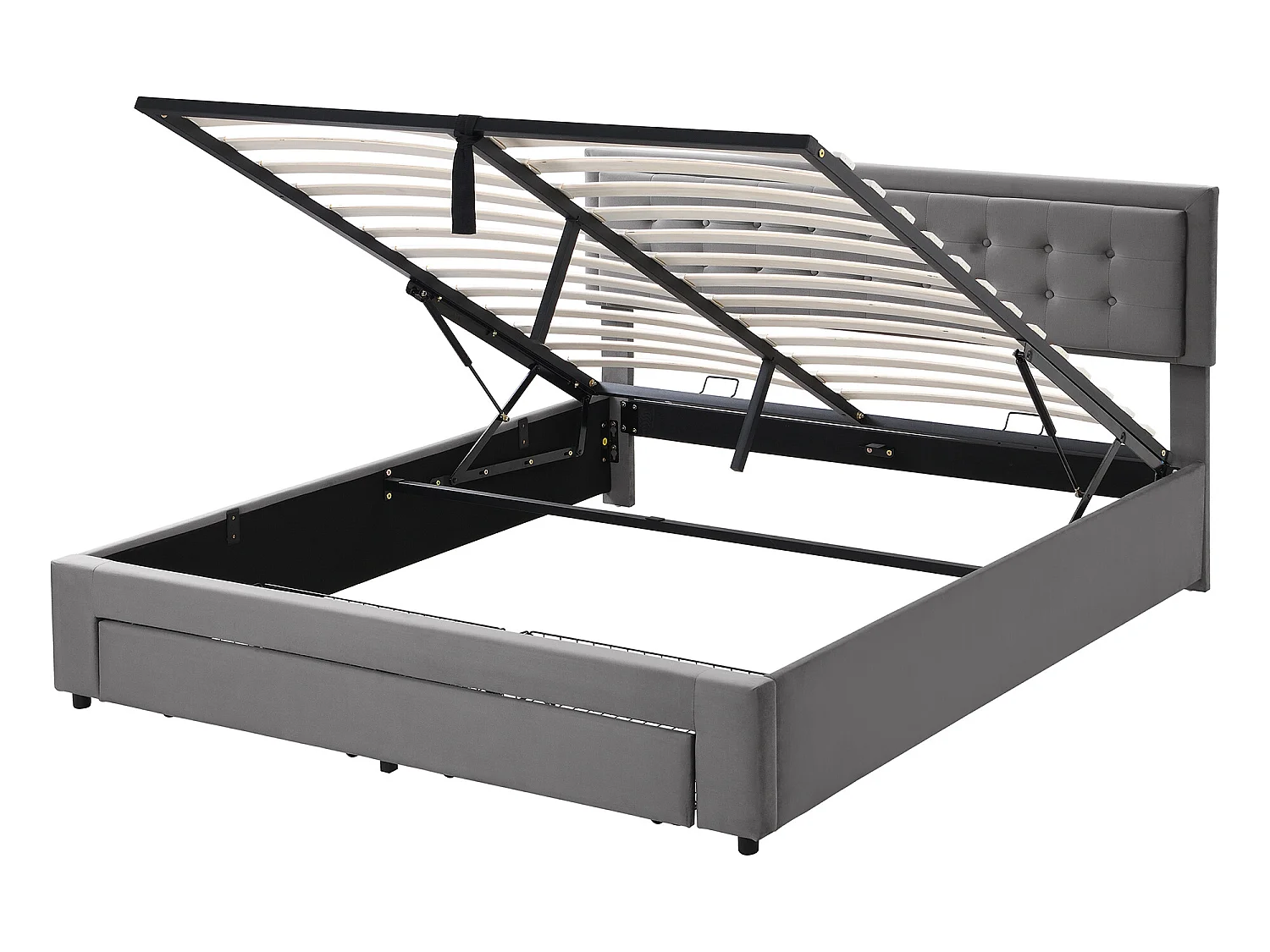 Cama contenedor acolchada 160x200cm en terciopelo - con cajón y somier - Gris (sin colchón)