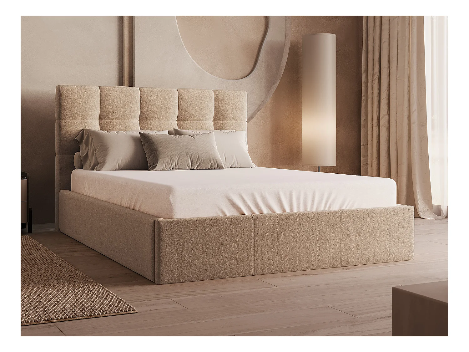 Bett mit Bettkasten - 140 x 190 cm - Samt - Beige + Matratze - MIRDAL von Pascal Morabito