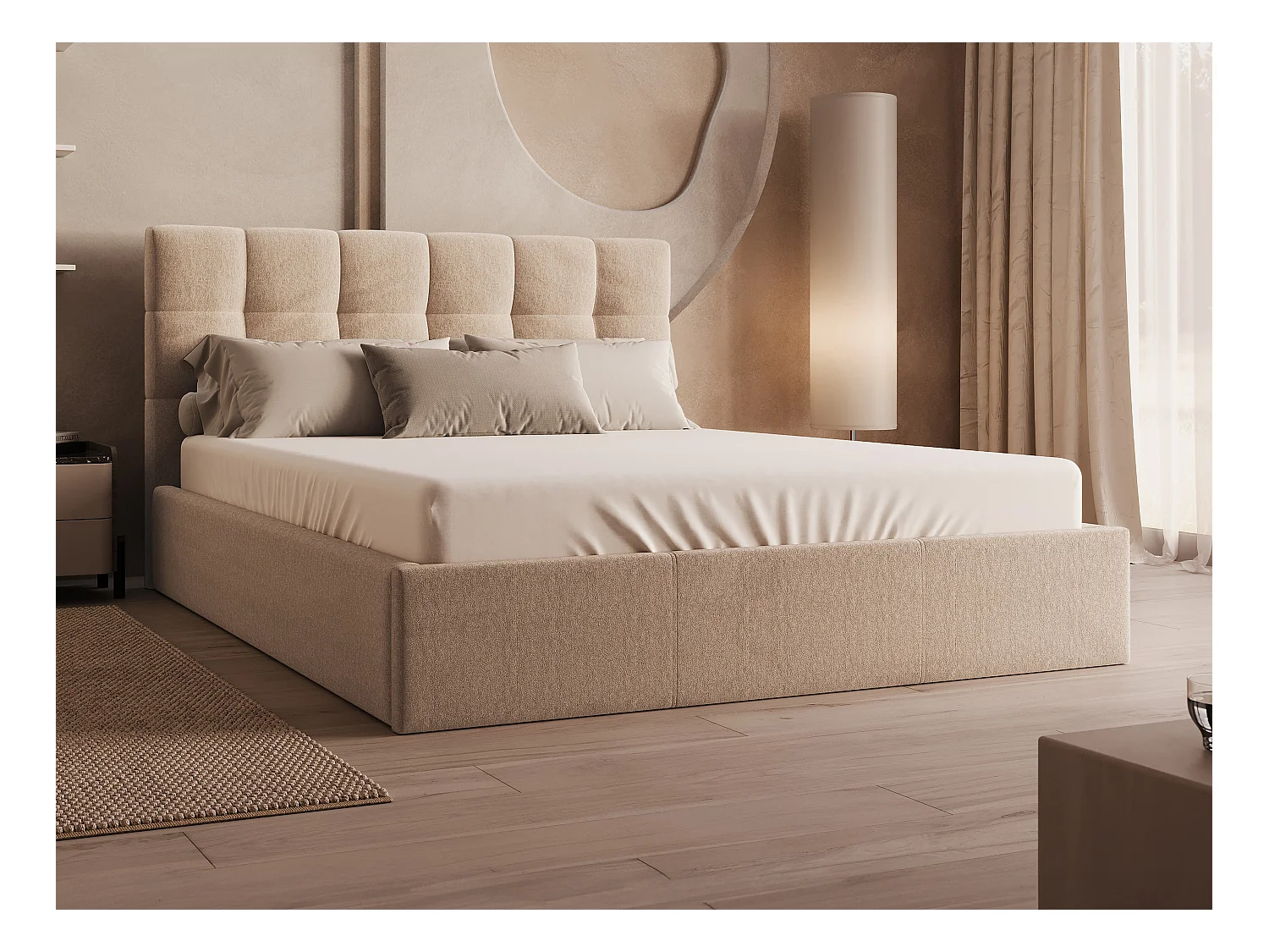 Lit coffre 160 x 200 cm - Velours - Beige + Matelas - MIRDAL de Pascal Morabito
