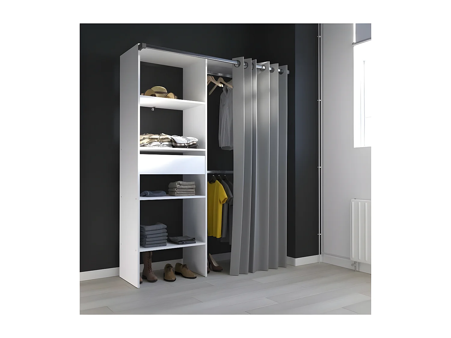 ARTIC Ankleidezimmer mit Vorhang – Weiß – 1 Säule + 2 Kleiderschränke + 1 Schublade