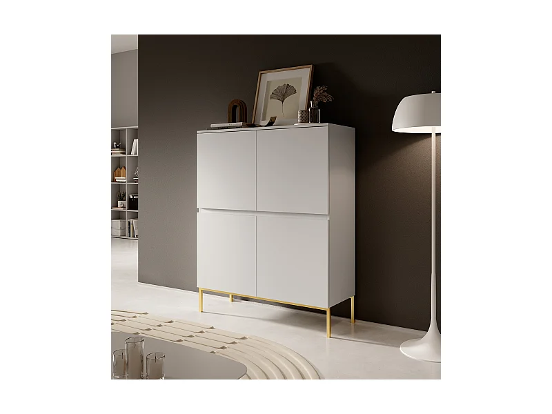 Highboard 4-türig - 100 cm - Weiß mit goldenen Metallfüßen - BEMMI