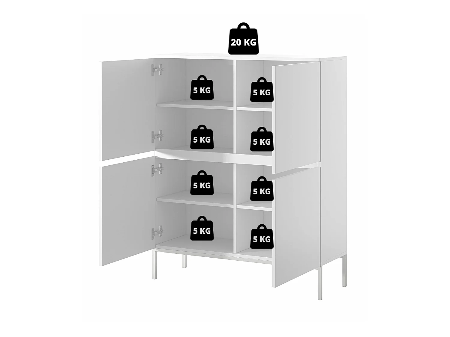 Highboard 4-türig - 100 cm - Weiß mit goldenen Metallfüßen - BEMMI