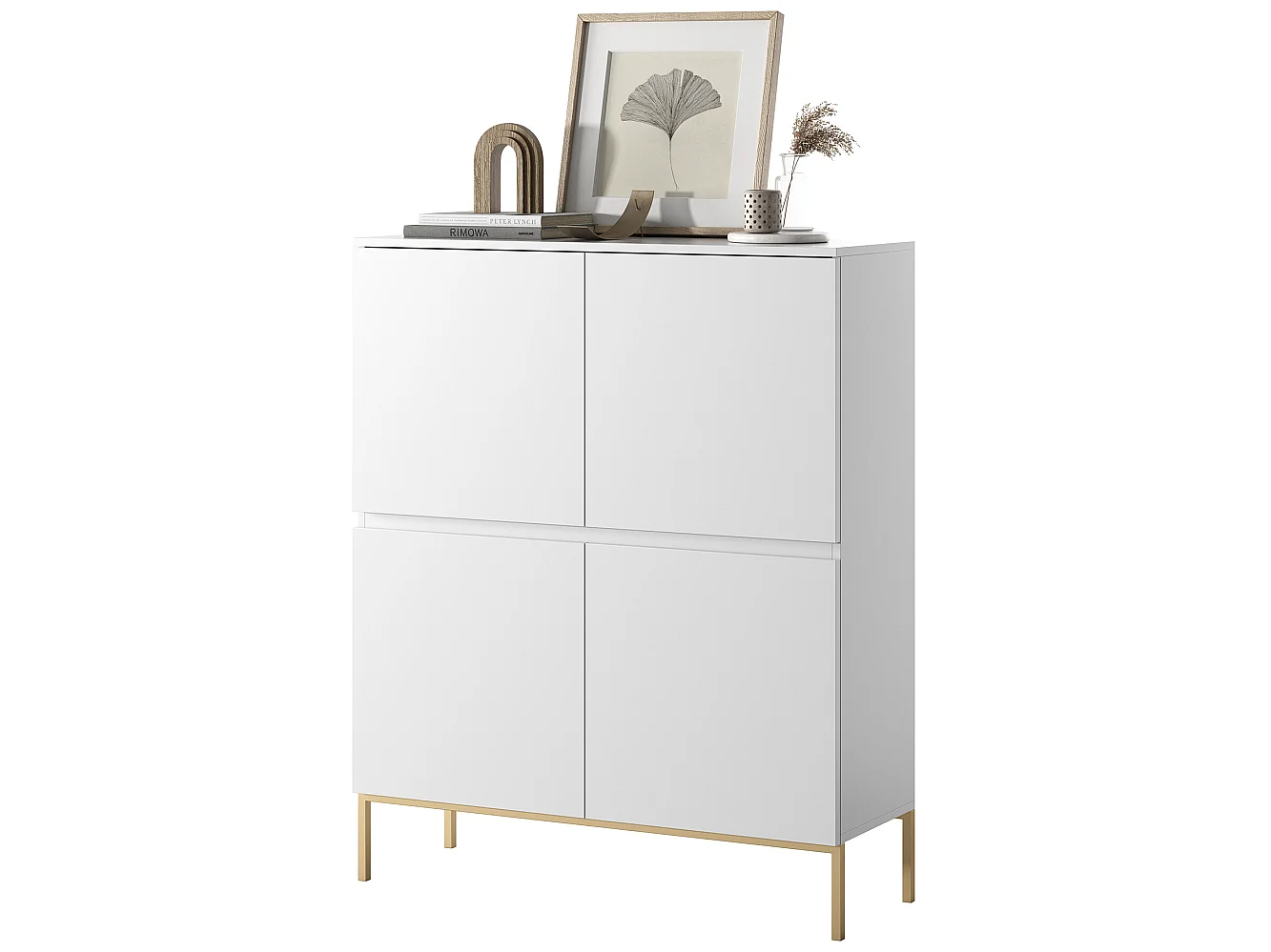 Highboard 4-türig - 100 cm - Weiß mit goldenen Metallfüßen - BEMMI