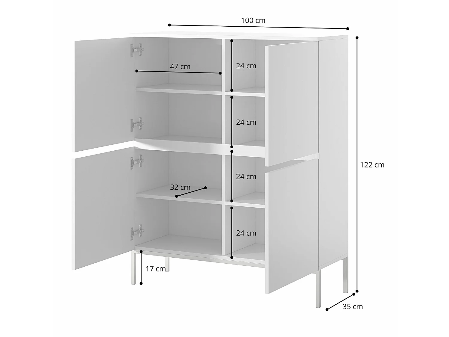 Highboard 4-türig - 100 cm - Weiß mit goldenen Metallfüßen - BEMMI