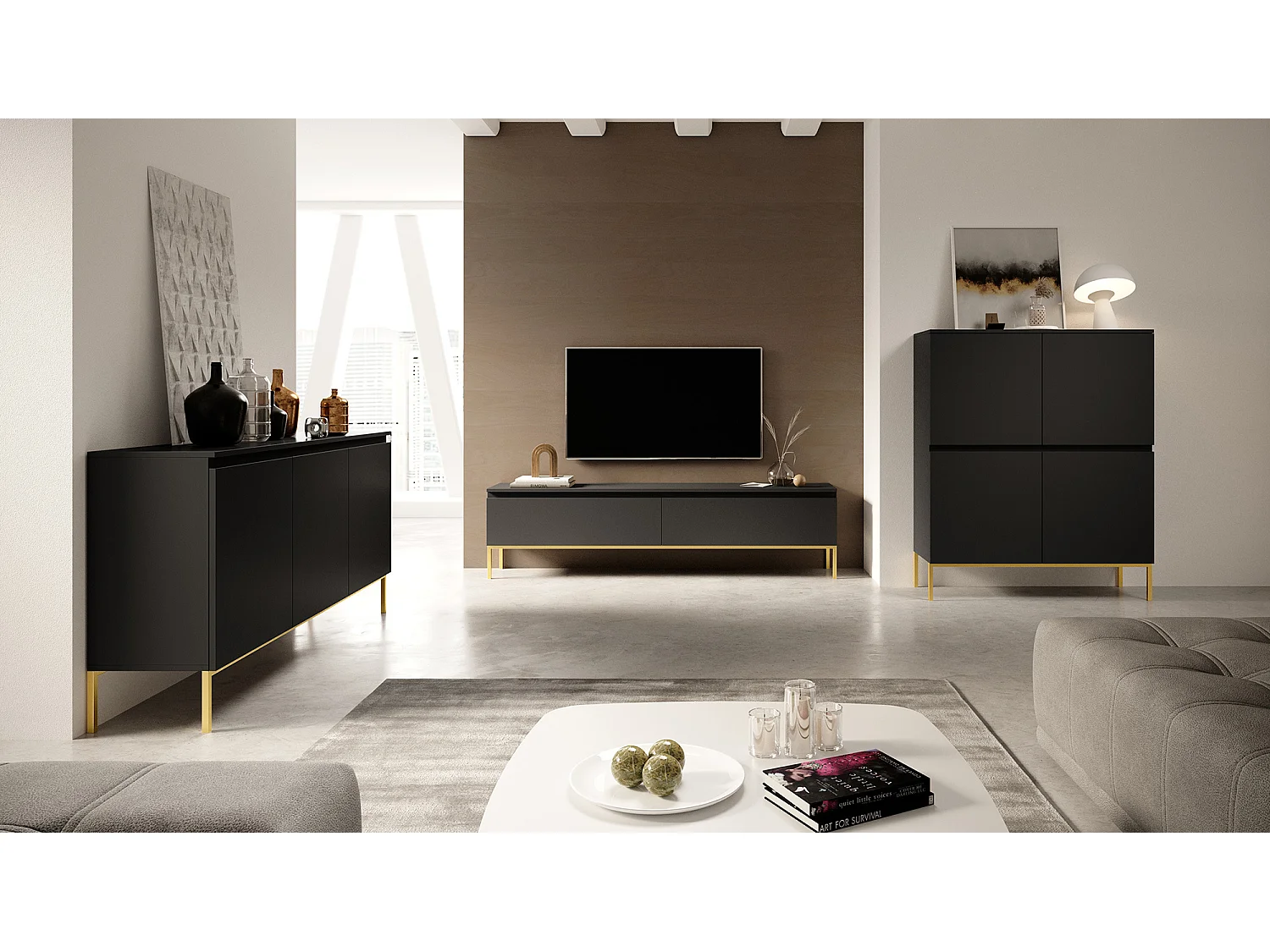 TV-meubel - 175 cm - zwart met gouden poten - BEMMI