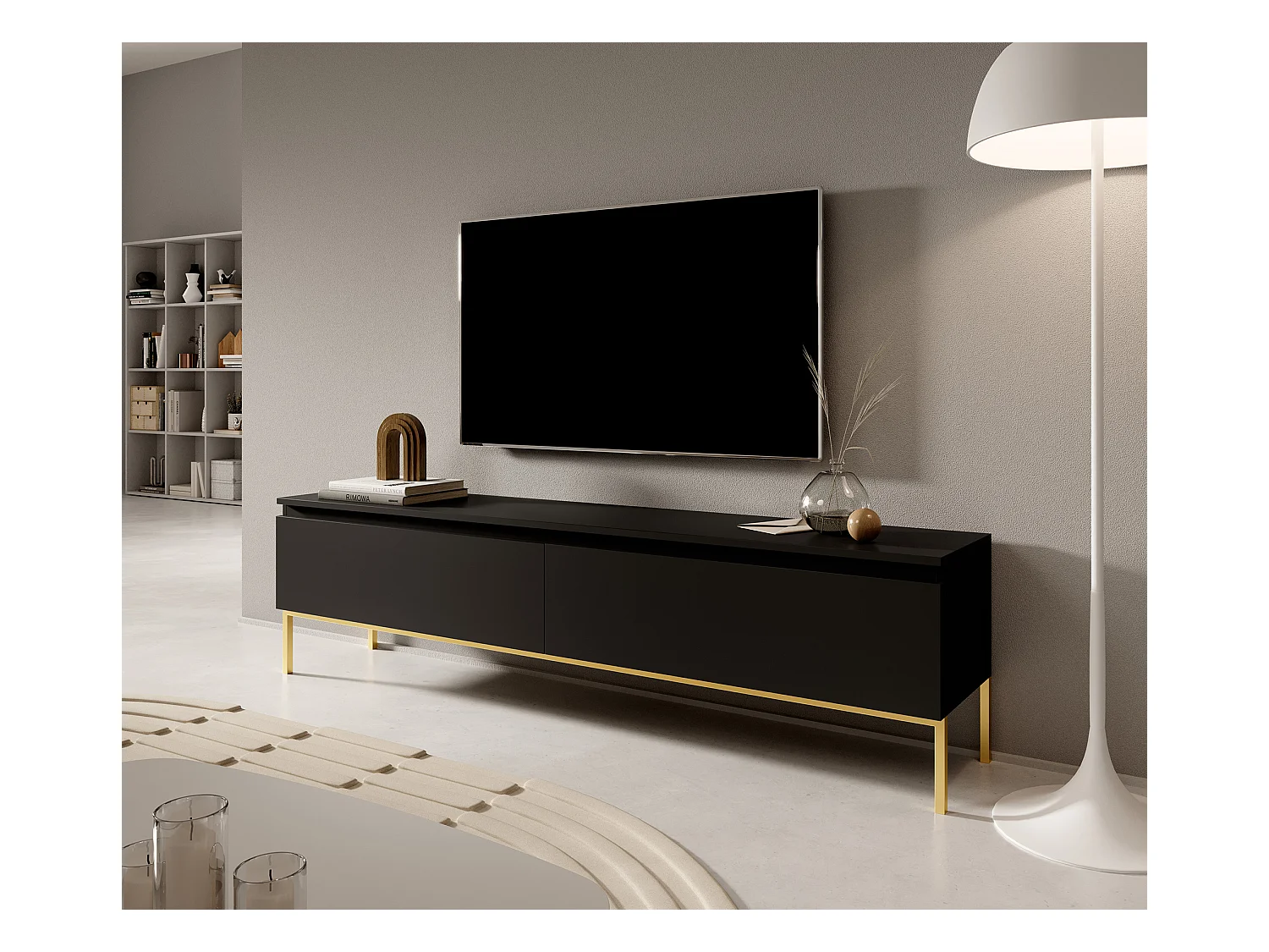 Meuble TV - 175 cm - noir avec pieds dorés - BEMMI