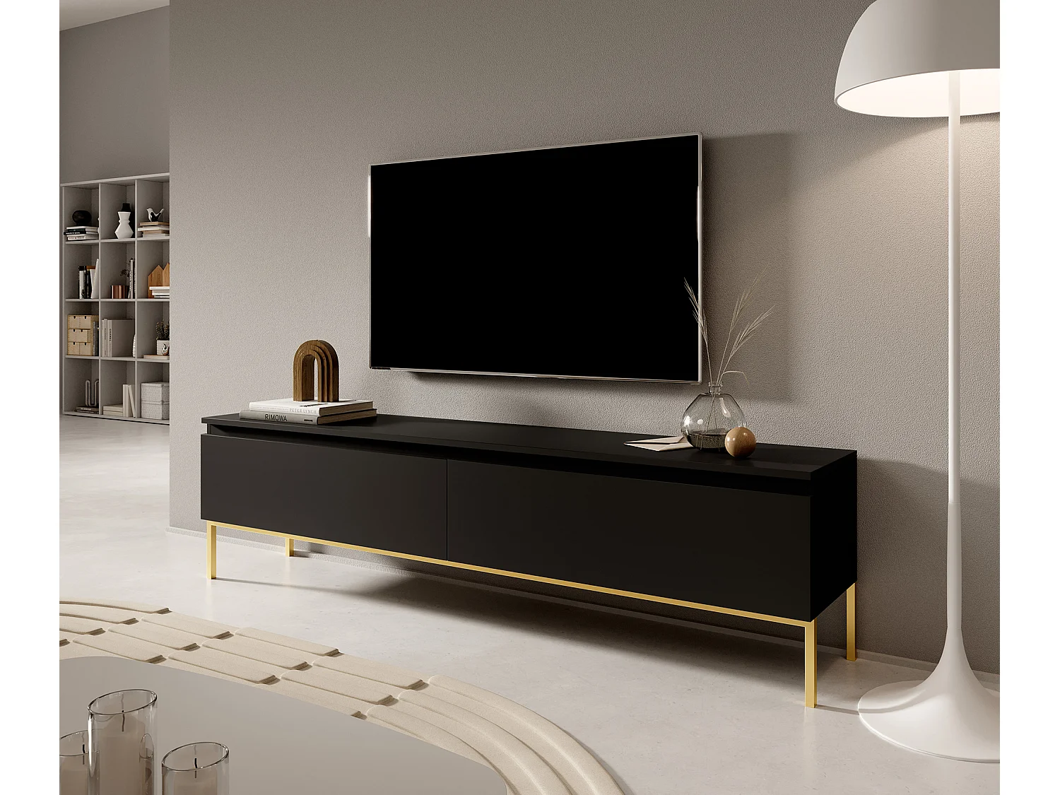 Meuble TV - 175 cm - noir avec pieds dorés - BEMMI