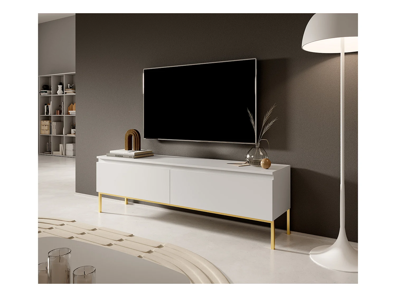 Meuble TV - 150 cm - blanc avec pieds dorés - BEMMI