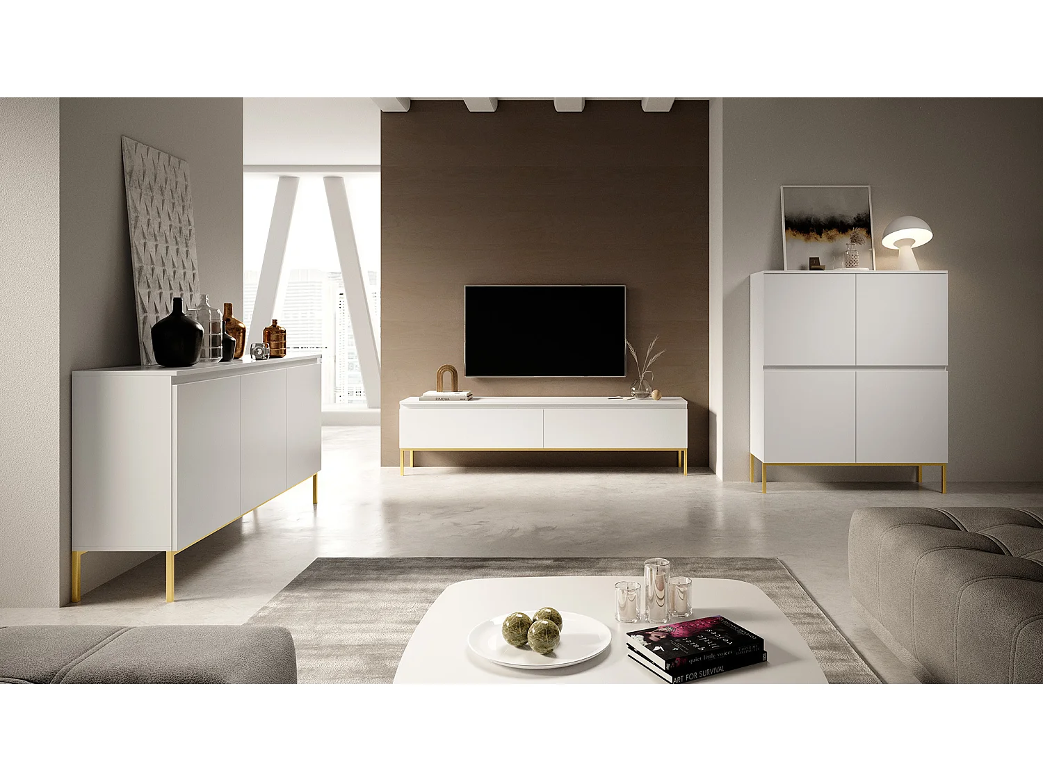 Meuble TV - 150 cm - blanc avec pieds dorés - BEMMI