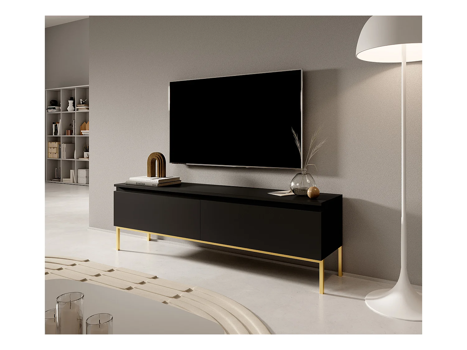 Meuble TV - 150 cm - noir avec pieds dorés - BEMMI