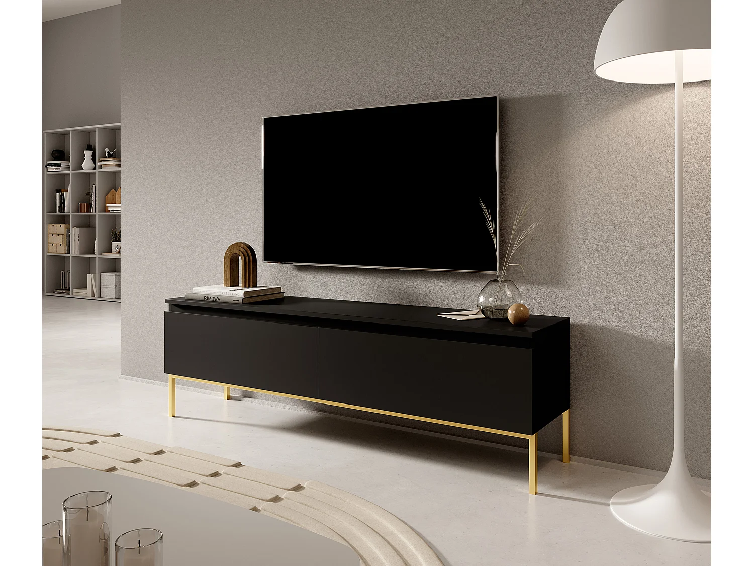 Meuble TV - 150 cm - noir avec pieds dorés - BEMMI