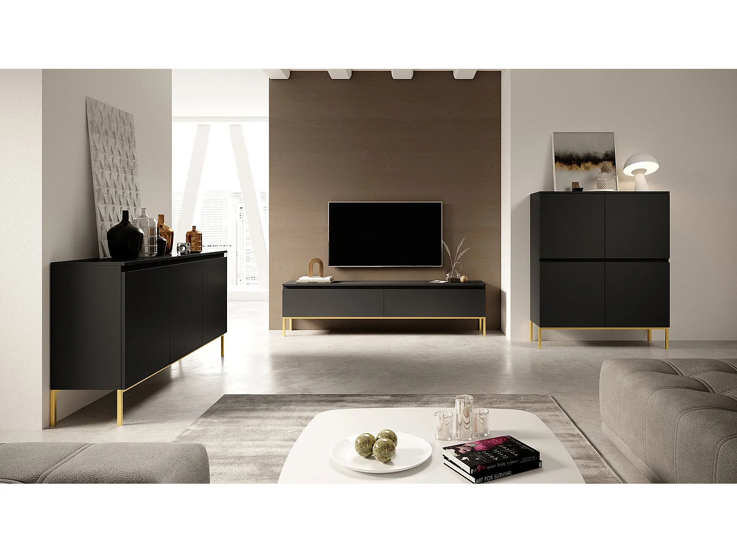 Mueble TV - 150 cm - negro con patas doradas - BEMMI