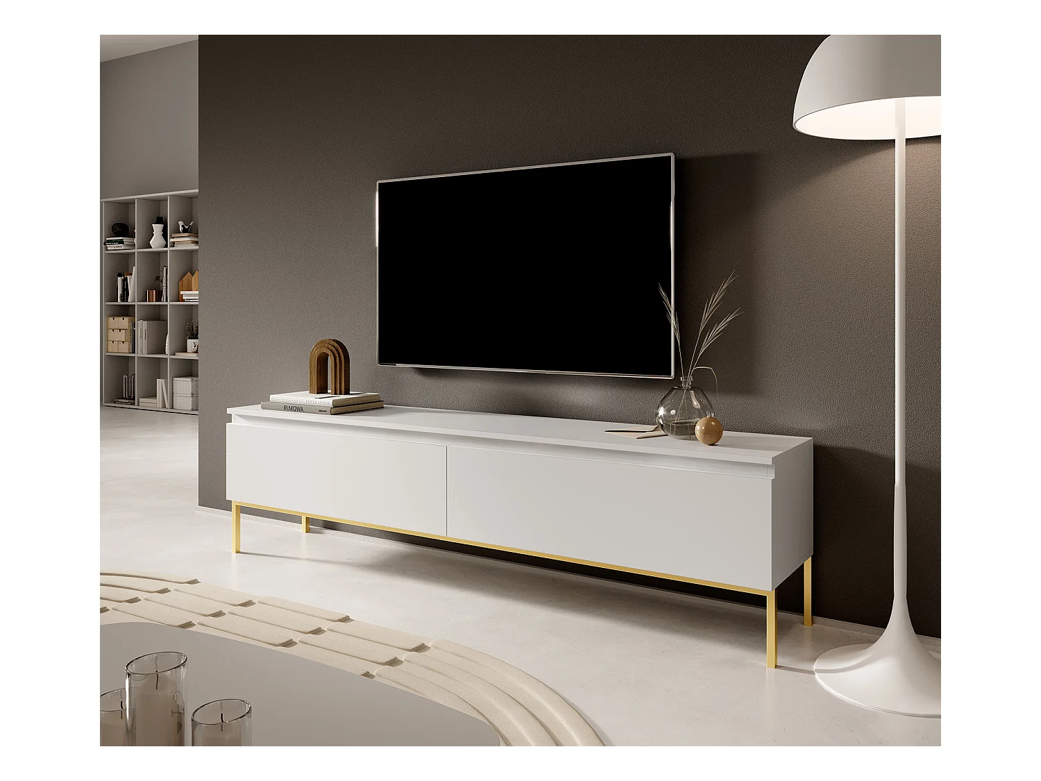Meuble TV - 175 cm - blanc avec pieds dorés - BEMMI