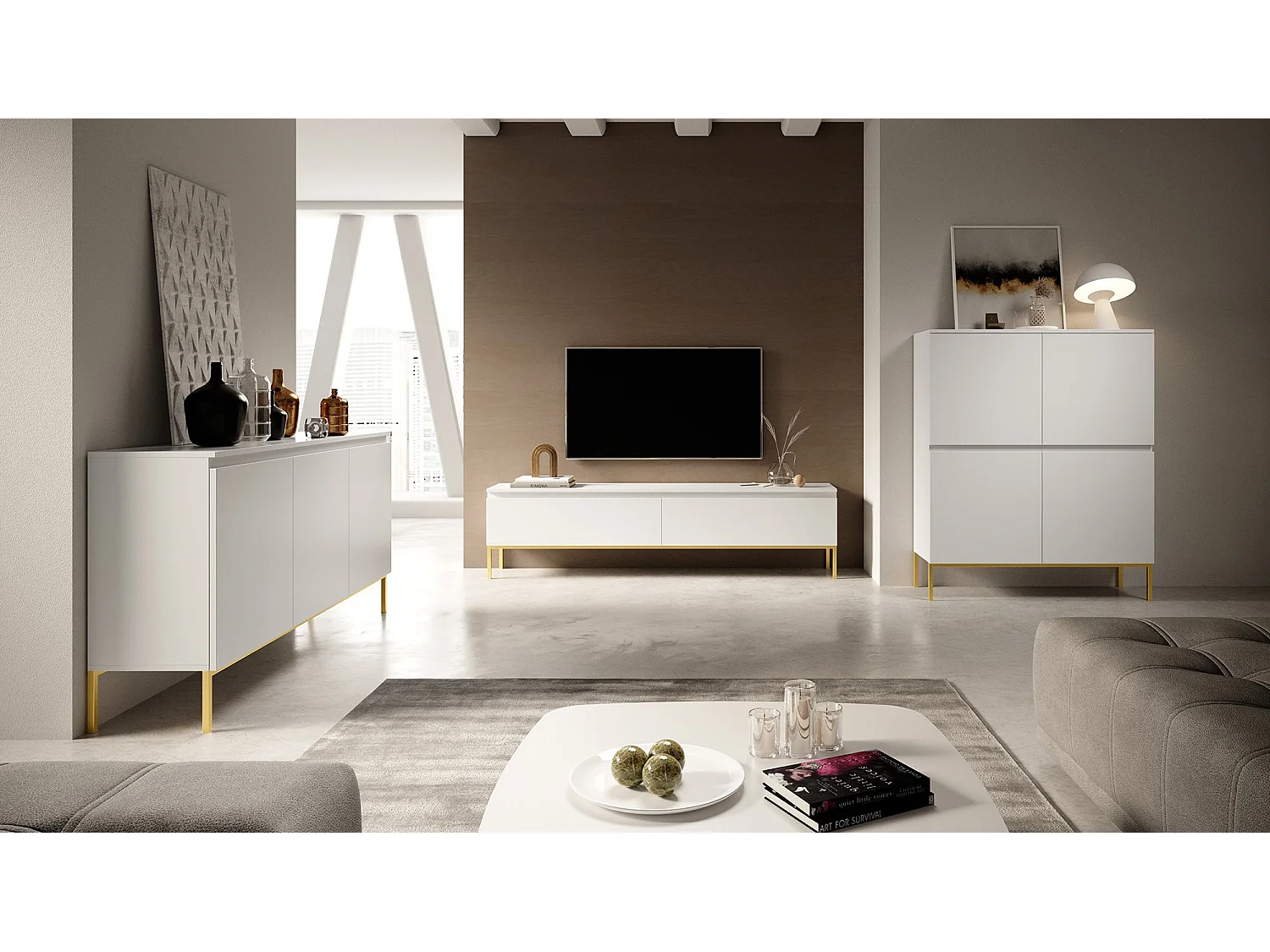 TV-meubel - 175 cm - wit met gouden poten - BEMMI