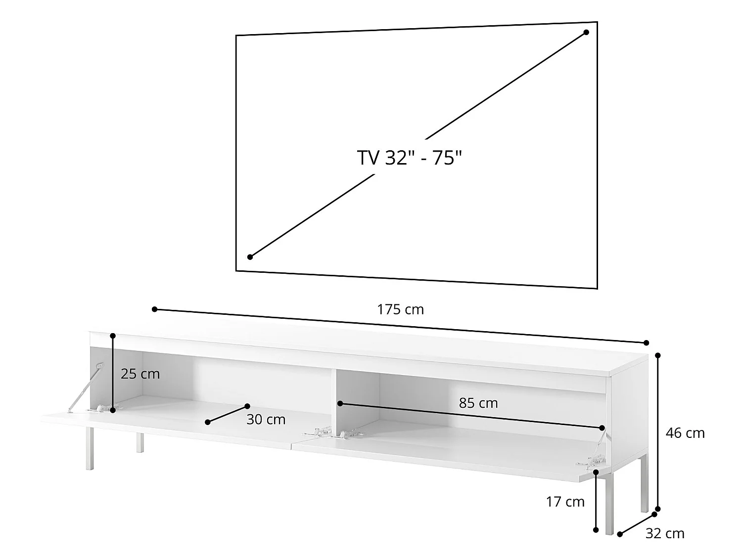 TV-meubel - 175 cm - wit met gouden poten - BEMMI