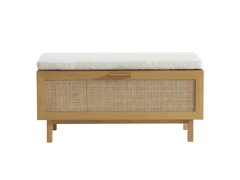 June - Banc d'entrée avec rangement chaussures en bois et cannage L100cm - Bois clair