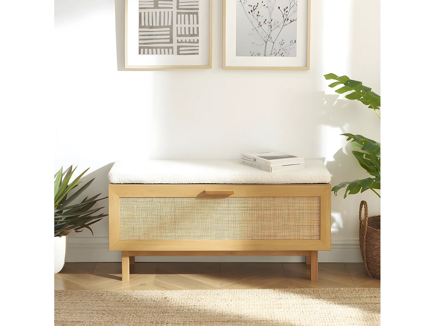 June - Banc d'entrée avec rangement chaussures en bois et cannage L100cm - Bois clair