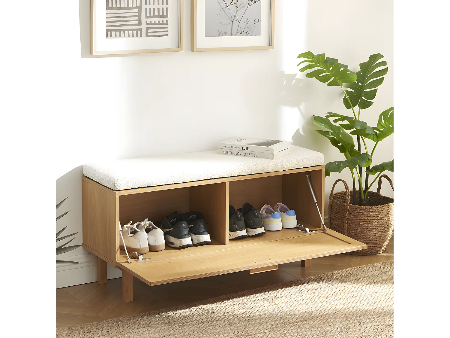 June - Banc d'entrée avec rangement chaussures en bois et cannage L100cm - Bois clair