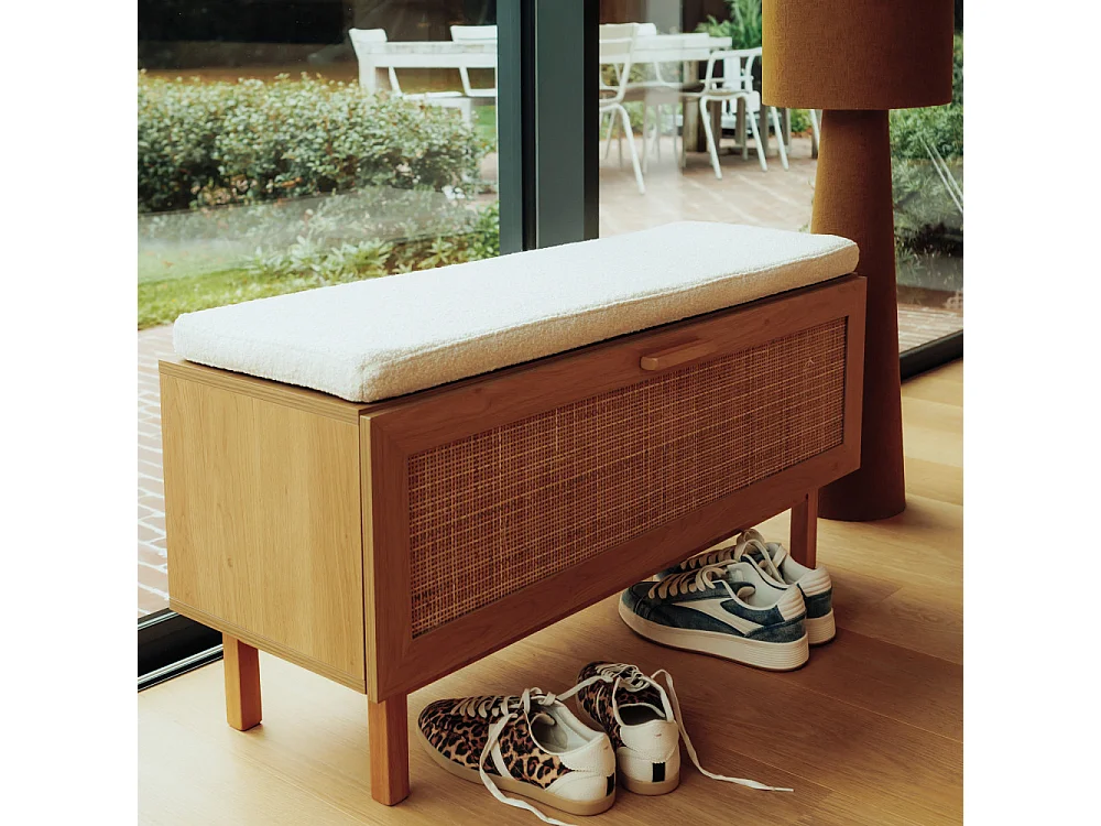 June - Banc d'entrée avec rangement chaussures en bois et cannage L100cm - Bois clair
