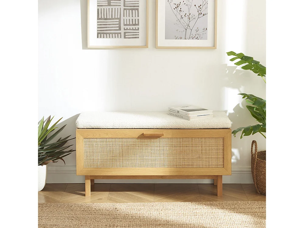 June - Banc d'entrée avec rangement chaussures en bois et cannage L100cm - Bois clair