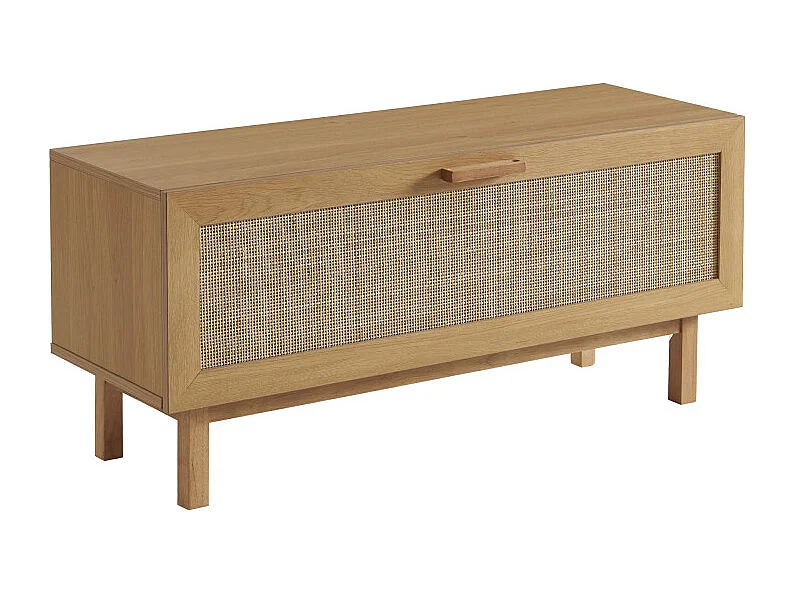 June - Banc d'entrée avec rangement chaussures en bois et cannage L100cm - Bois clair