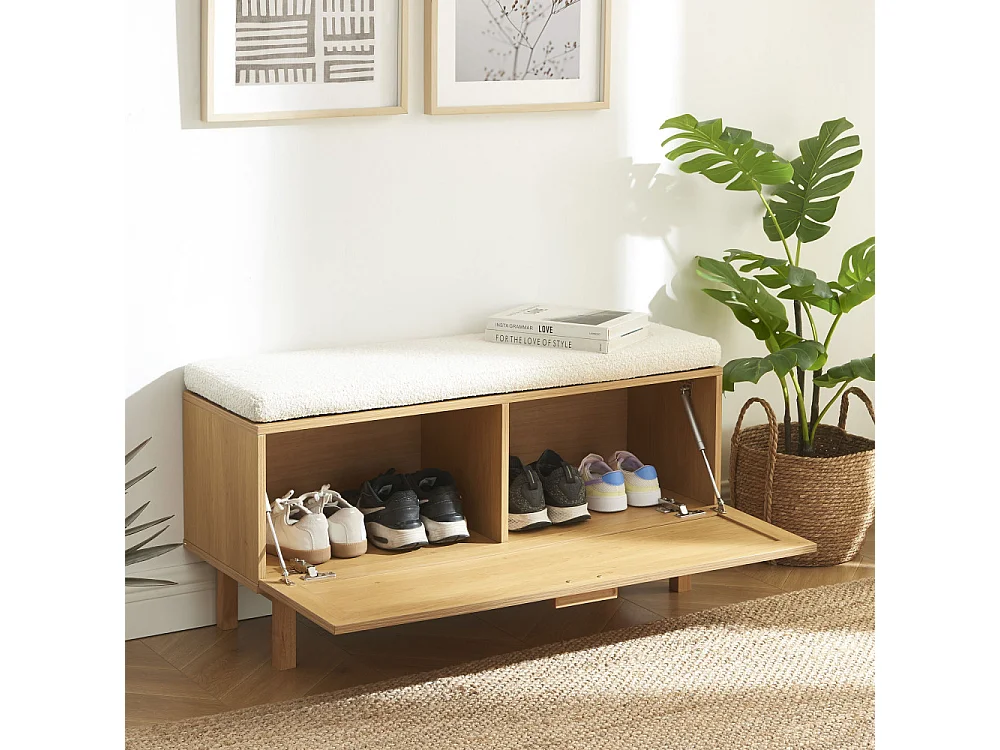 June - Banc d'entrée avec rangement chaussures en bois et cannage L100cm - Bois clair