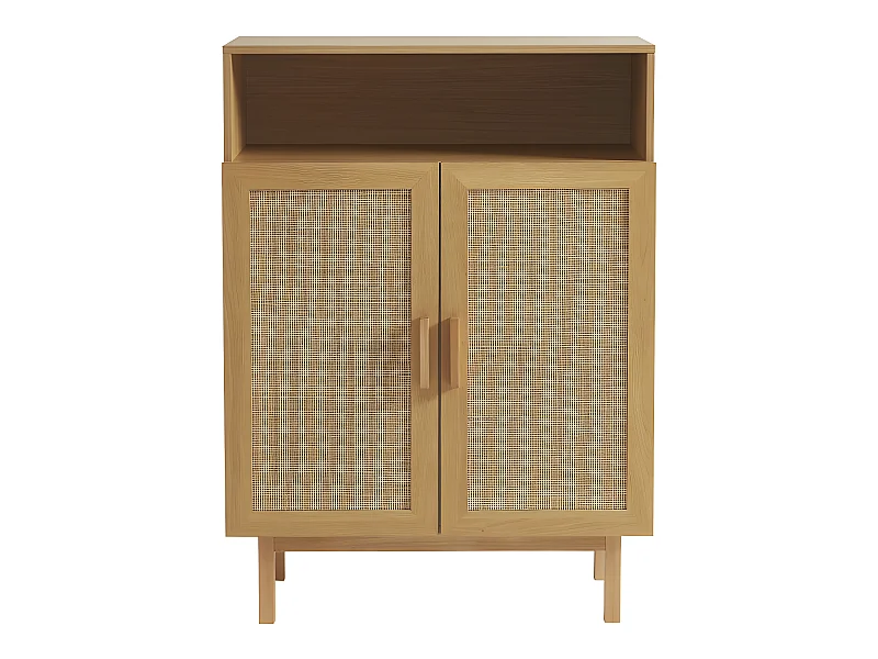 June - Meuble à chaussures 2 portes 1 niche en bois et cannage L80cm - Bois clair