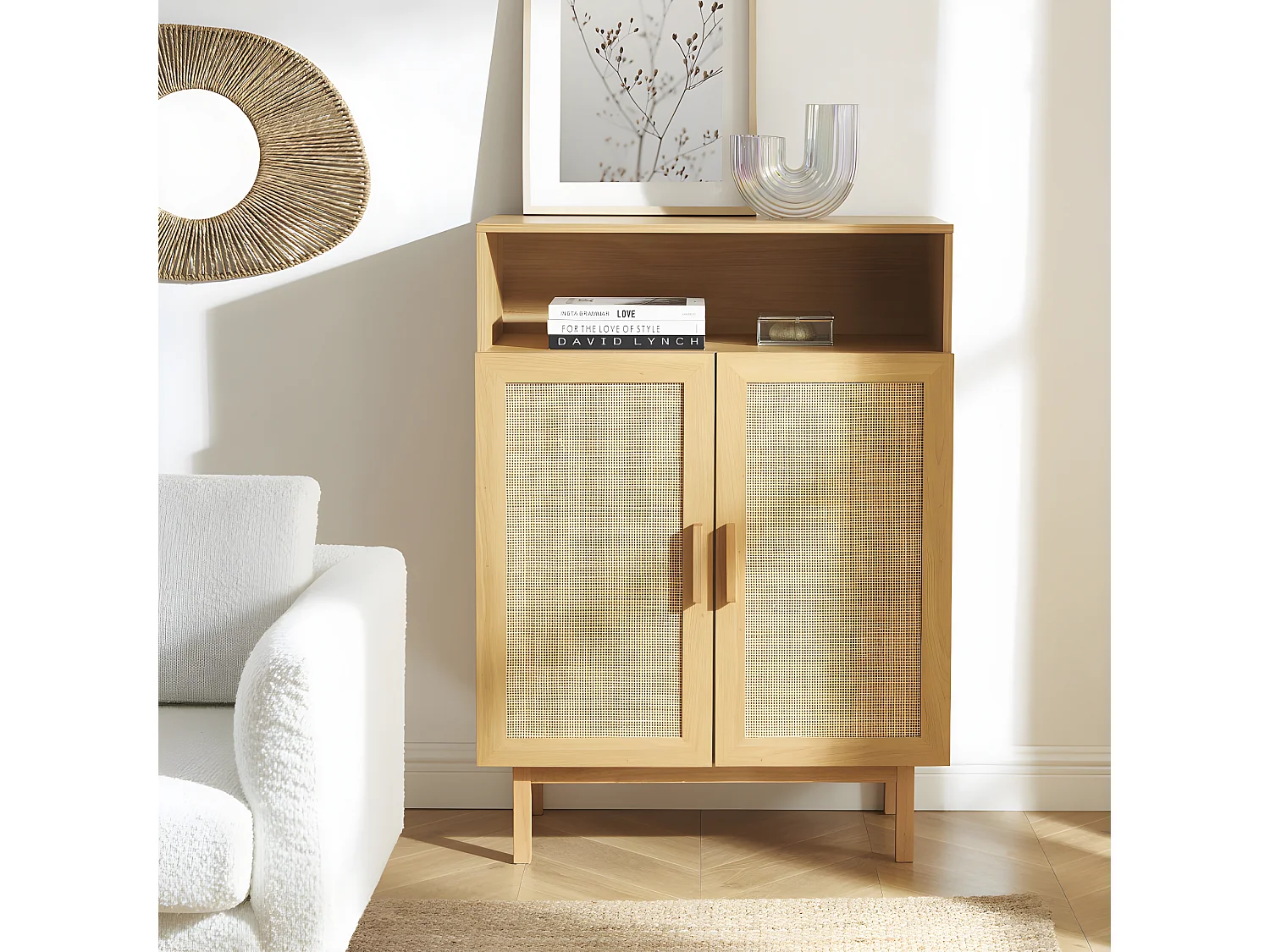 June - Meuble à chaussures 2 portes 1 niche en bois et cannage L80cm - Bois clair