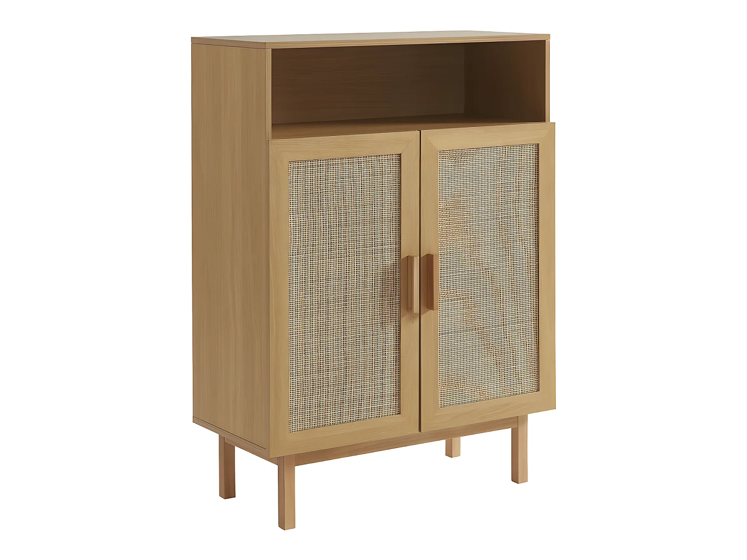 June - Meuble à chaussures 2 portes 1 niche en bois et cannage L80cm - Bois clair