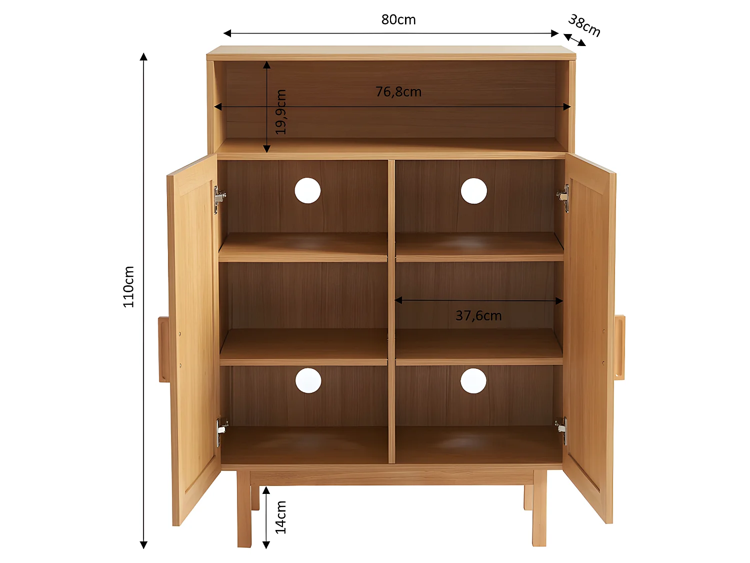 June - Meuble à chaussures 2 portes 1 niche en bois et cannage L80cm - Bois clair