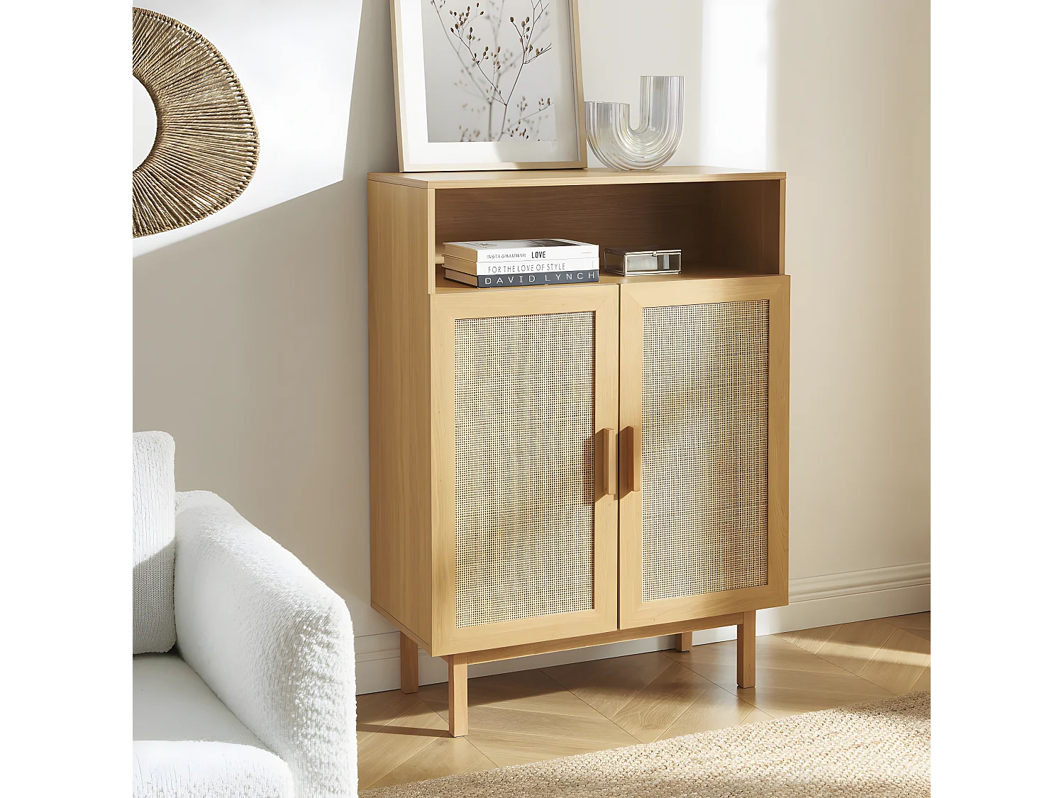 June - Meuble à chaussures 2 portes 1 niche en bois et cannage L80cm - Bois clair