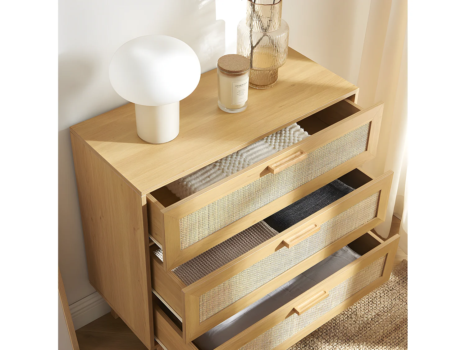 June - Commode 3 tiroirs en bois et cannage L85cm - Bois clair