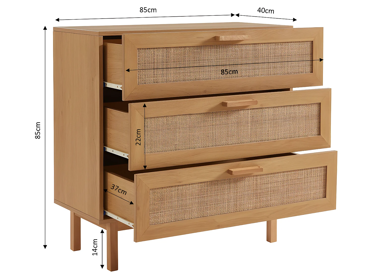 June - Commode 3 tiroirs en bois et cannage L85cm - Bois clair