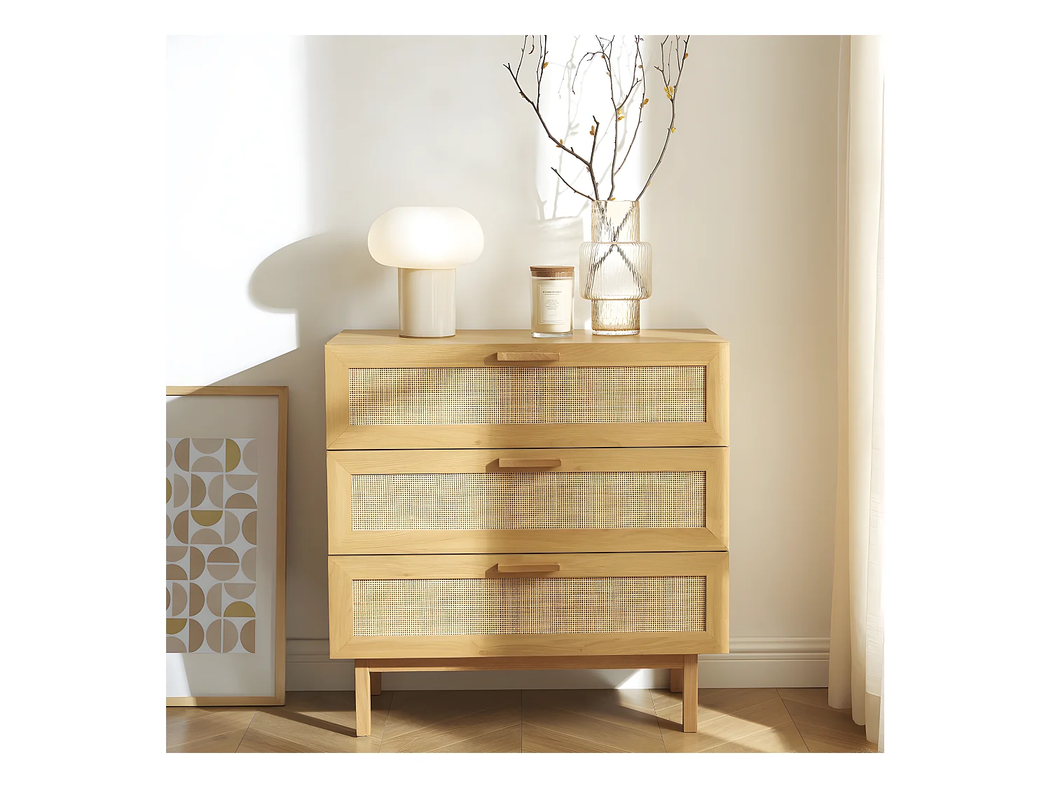June - Commode 3 tiroirs en bois et cannage L85cm - Bois clair