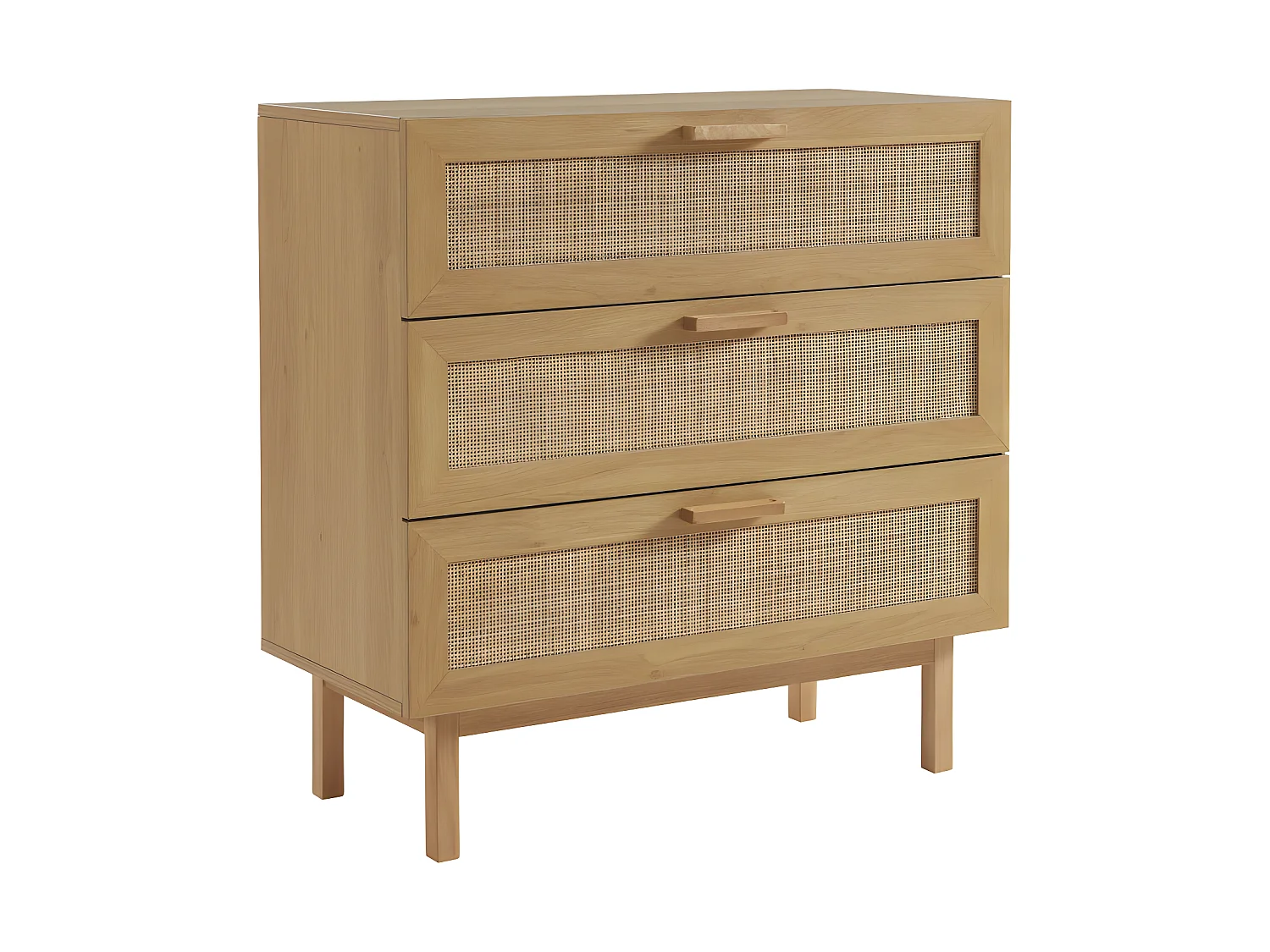 June - Commode 3 tiroirs en bois et cannage L85cm - Bois clair