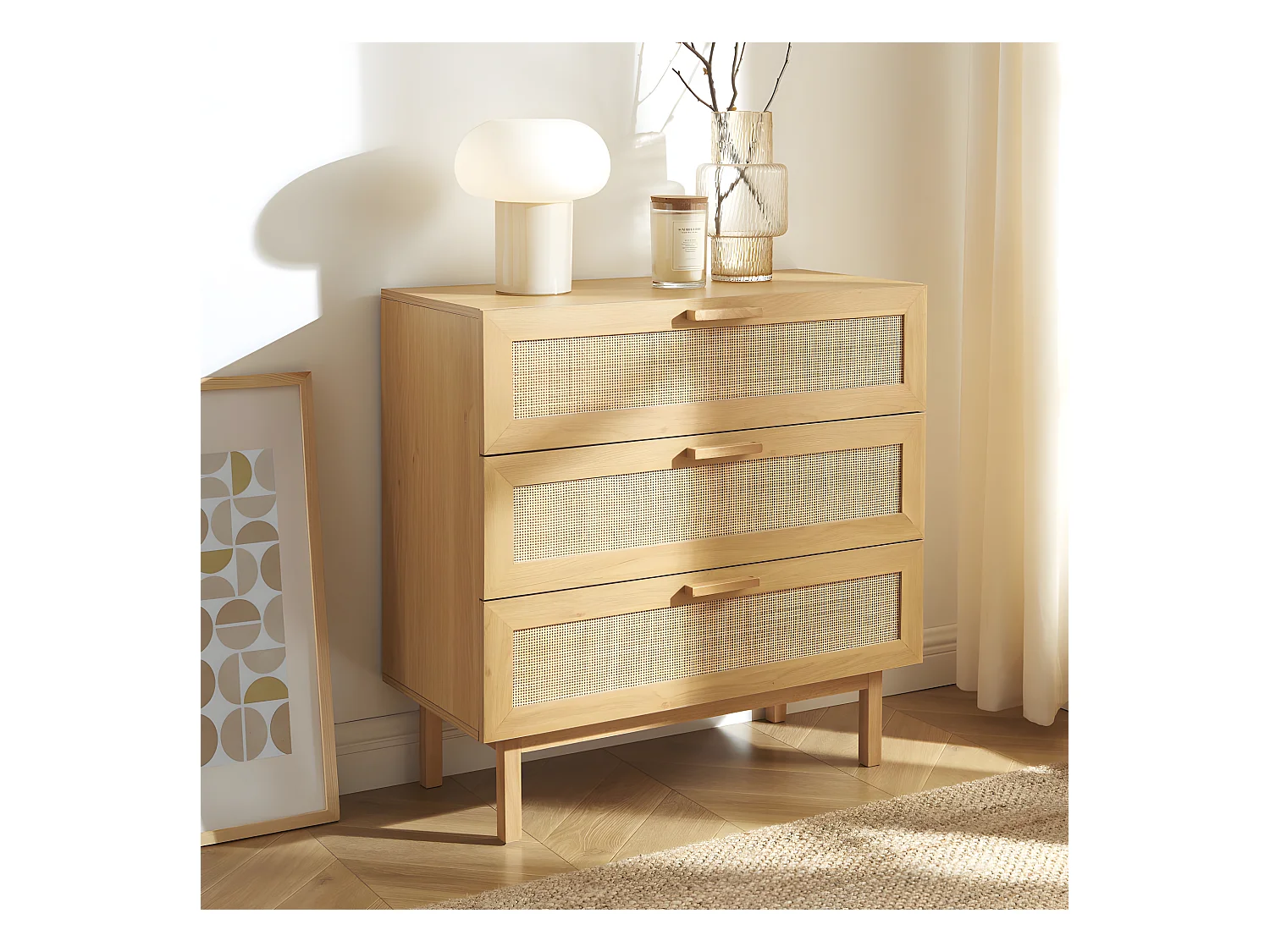 June - Commode 3 tiroirs en bois et cannage L85cm - Bois clair