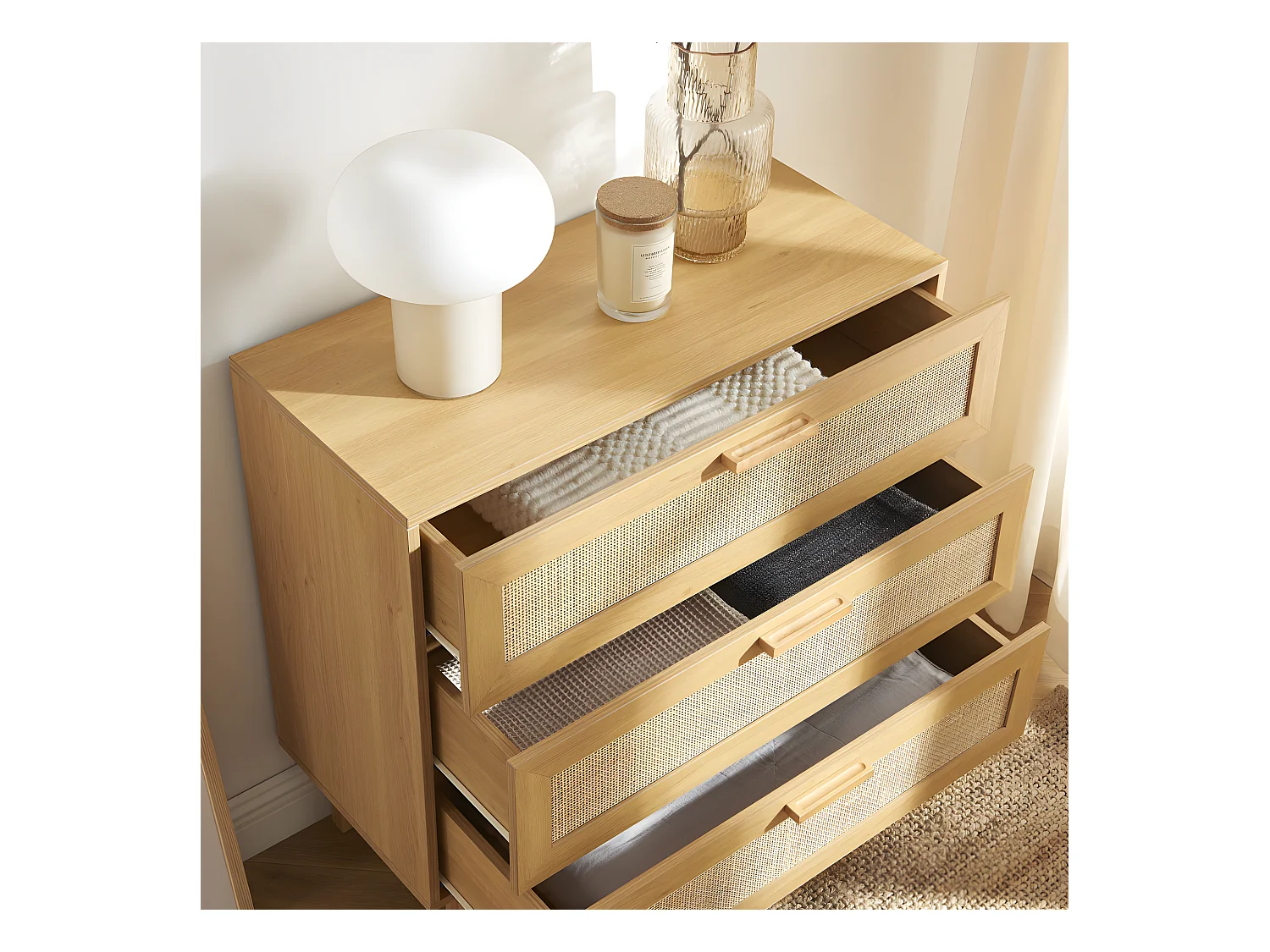 June - Commode 3 tiroirs en bois et cannage L85cm - Bois clair