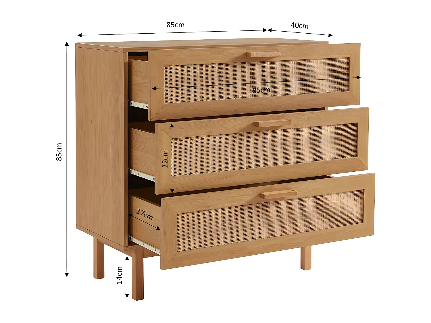 June - Commode 3 tiroirs en bois et cannage L85cm - Bois clair