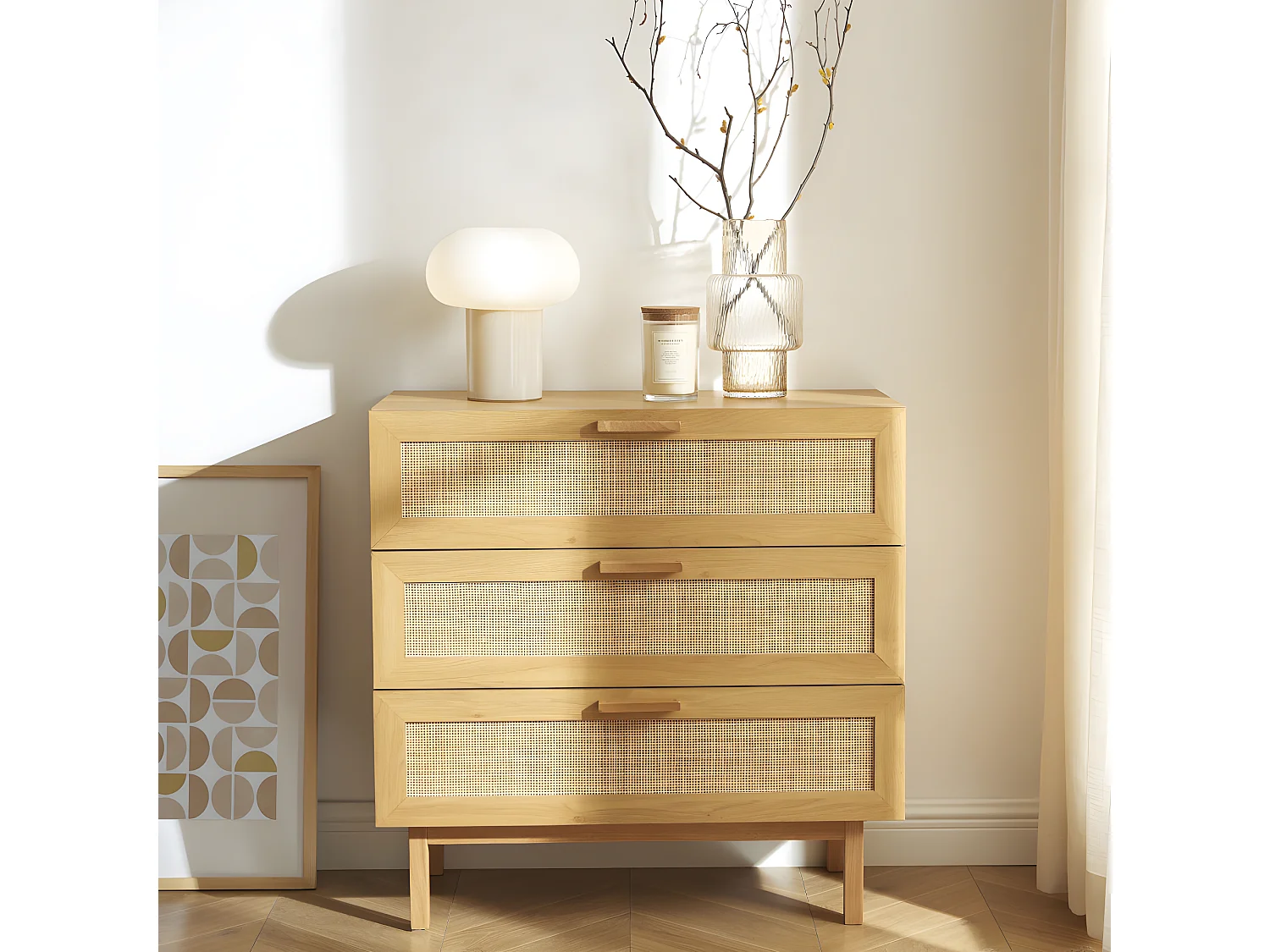 June - Commode 3 tiroirs en bois et cannage L85cm - Bois clair