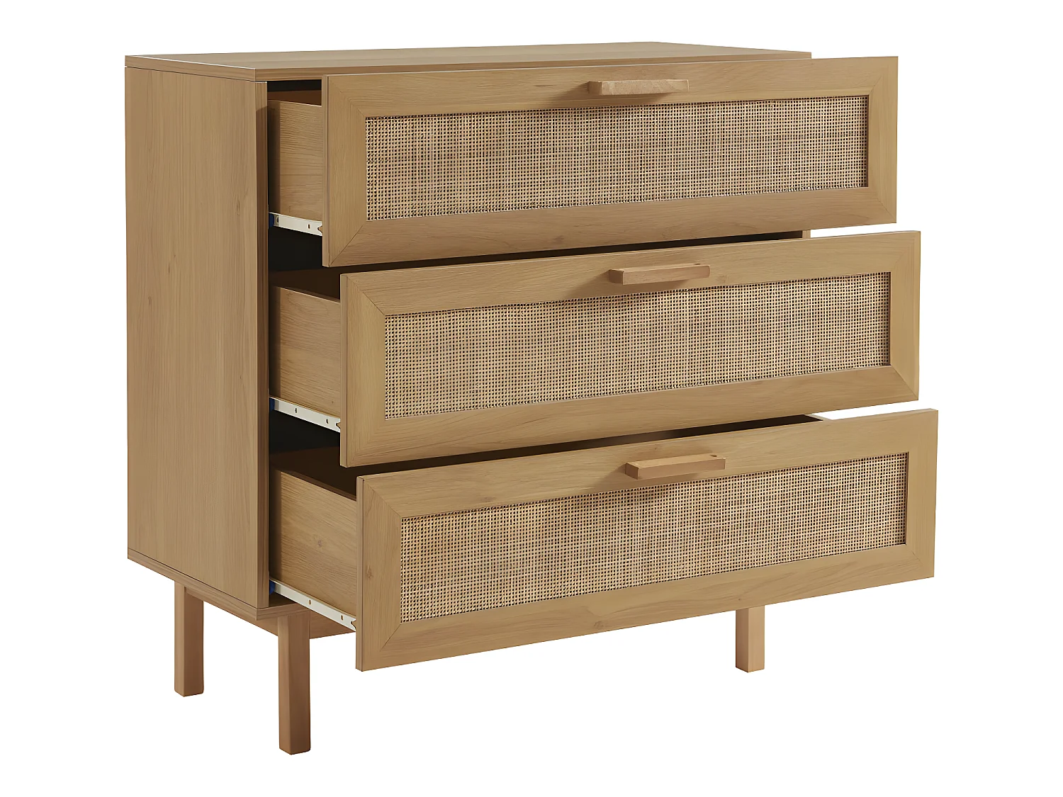 June - Commode 3 tiroirs en bois et cannage L85cm - Bois clair