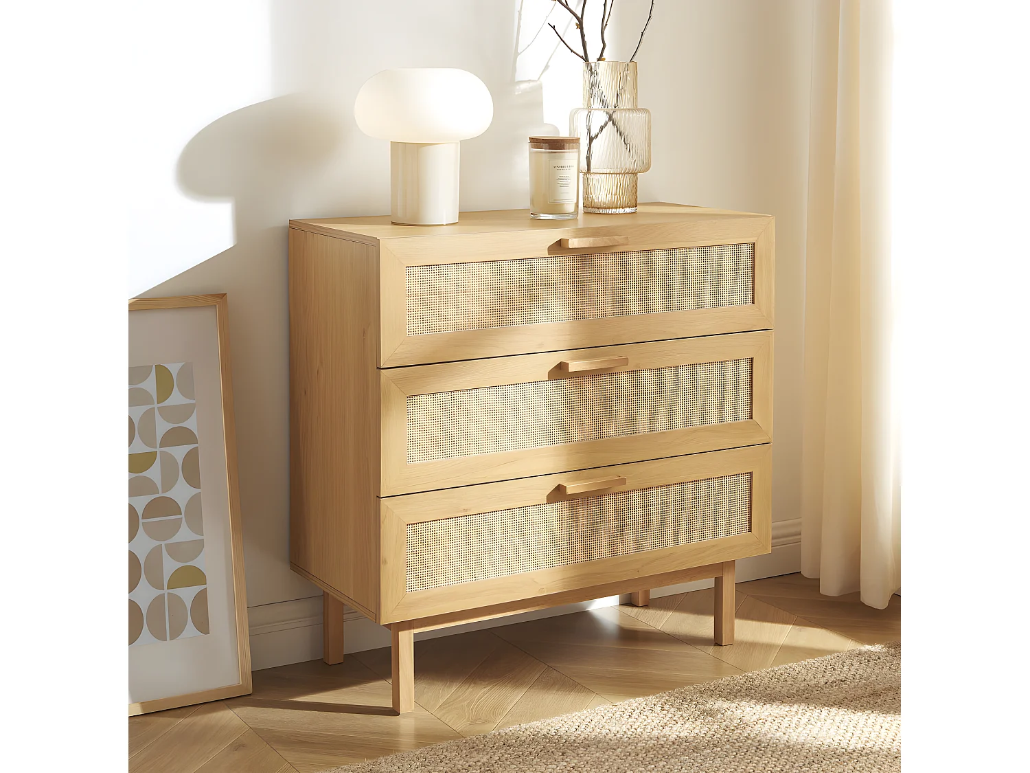 June - Commode 3 tiroirs en bois et cannage L85cm - Bois clair