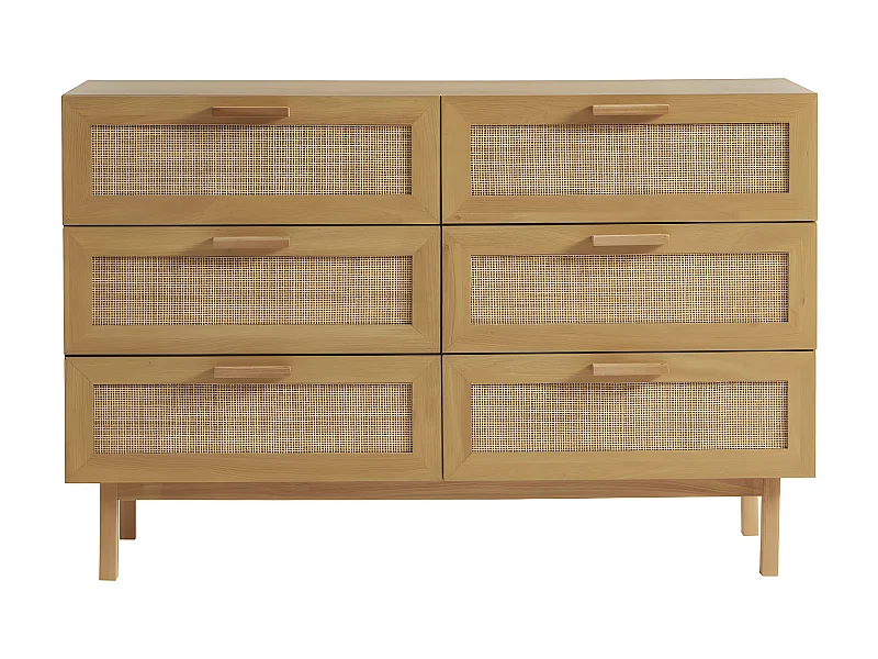 June - Commode 6 tiroirs en bois et cannage L130cm - Bois clair