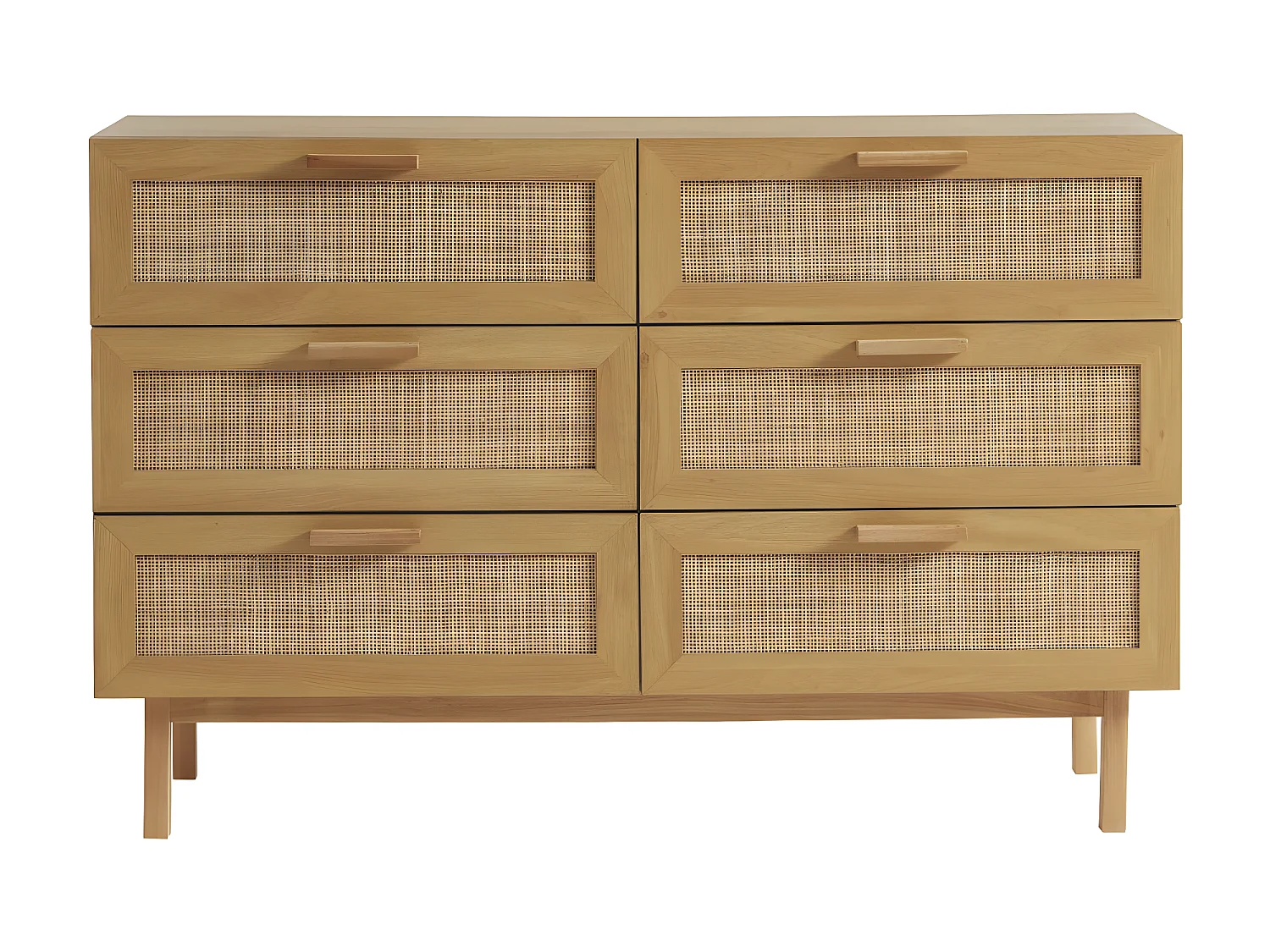June - Commode 6 tiroirs en bois et cannage L130cm - Bois clair