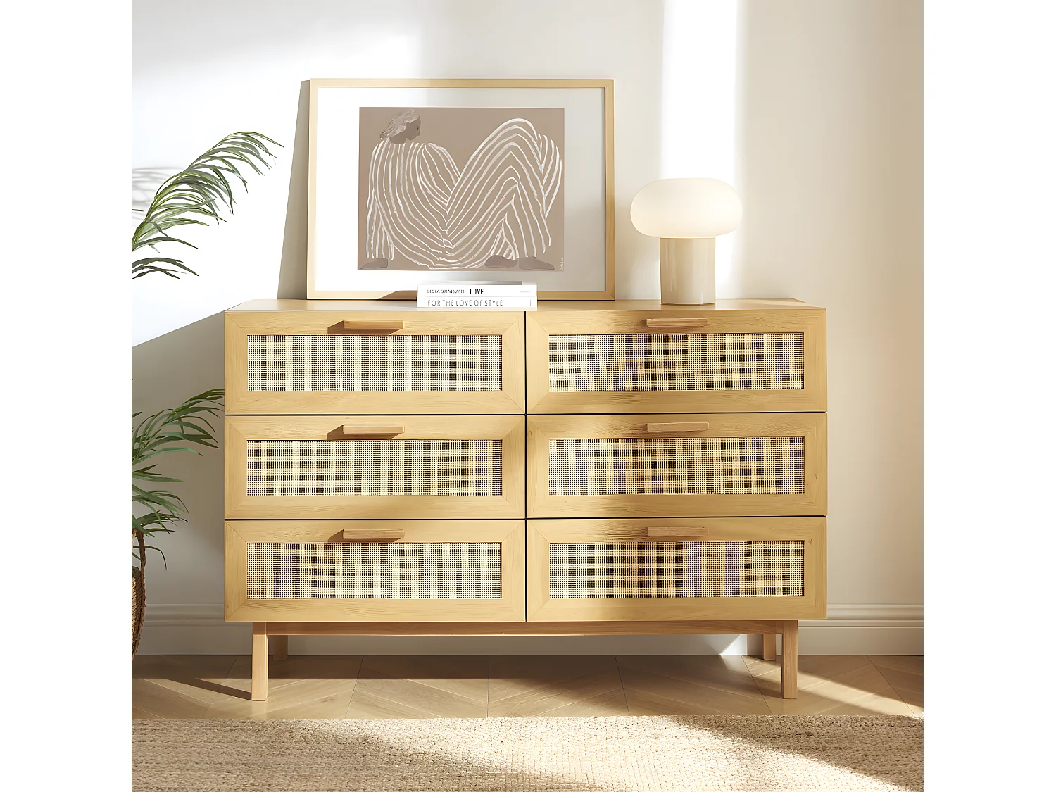 June - Commode 6 tiroirs en bois et cannage L130cm - Bois clair