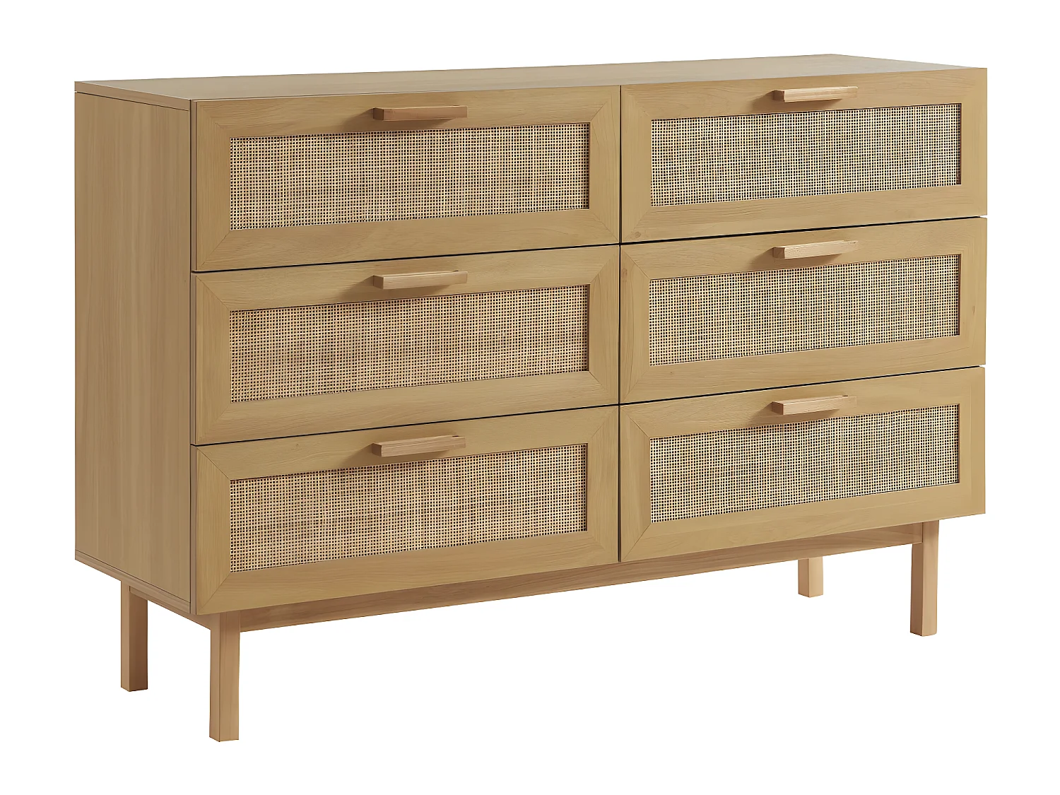 June - Commode 6 tiroirs en bois et cannage L130cm - Bois clair