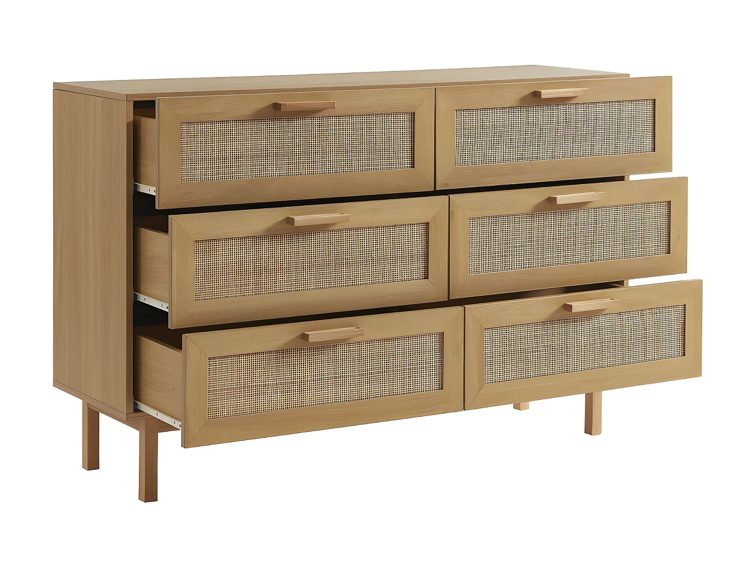 June - Commode 6 tiroirs en bois et cannage L130cm - Bois clair