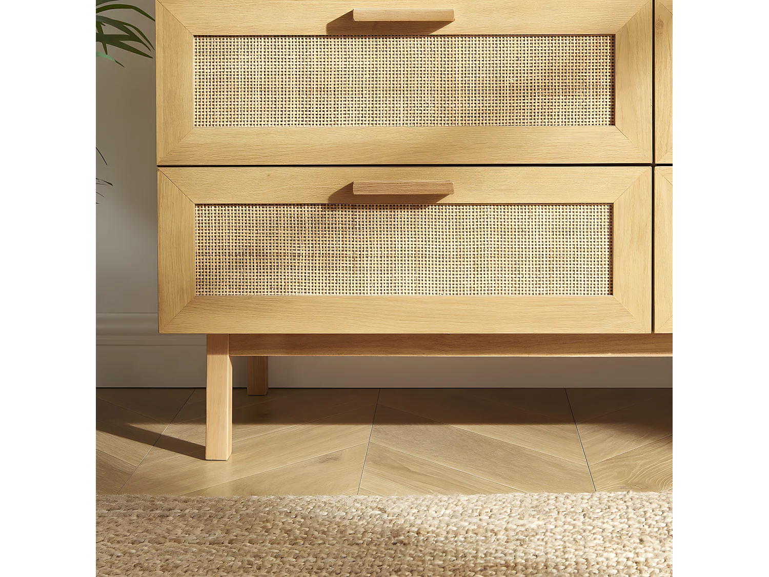 June - Commode 6 tiroirs en bois et cannage L130cm - Bois clair