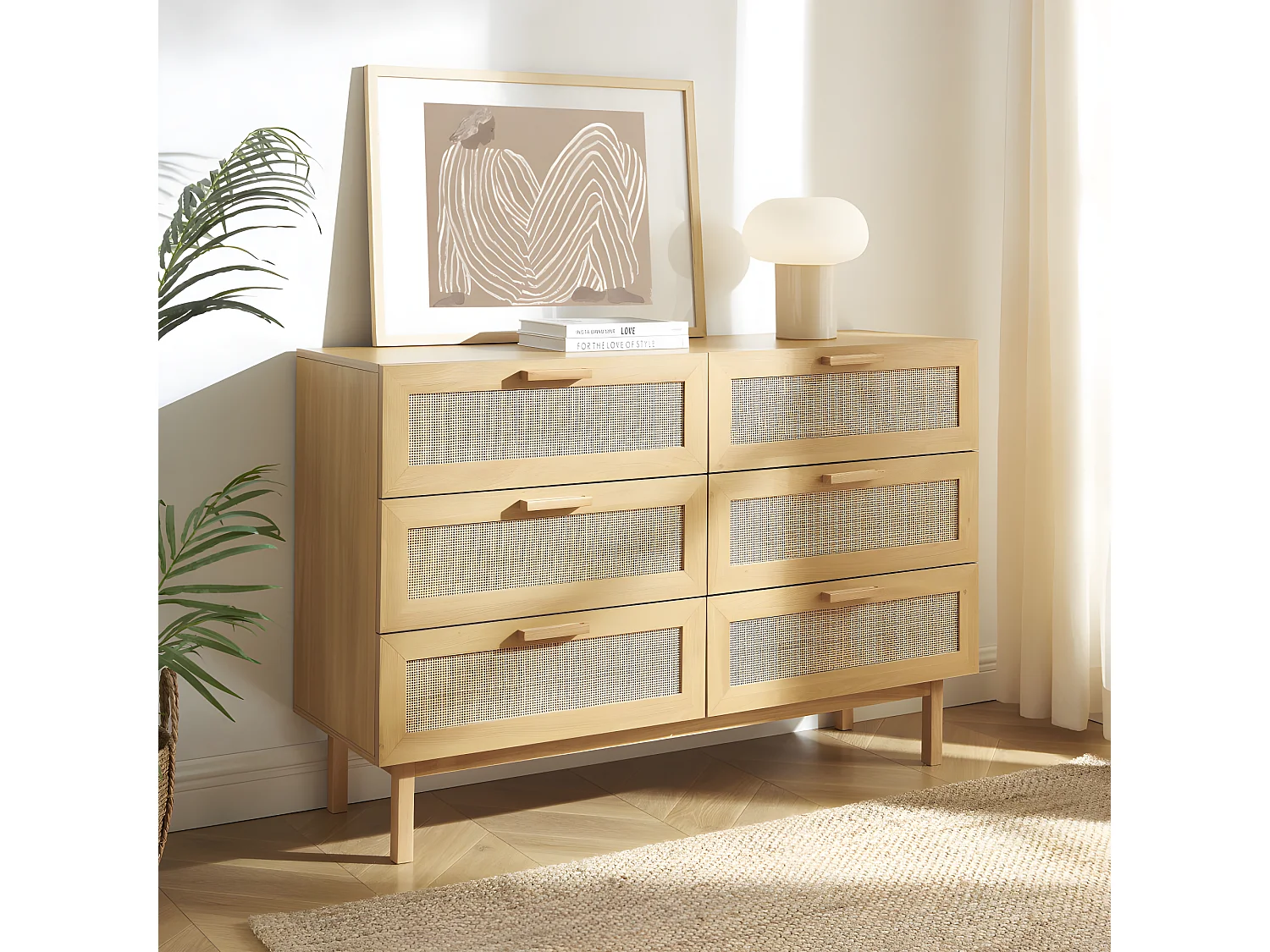 June - Commode 6 tiroirs en bois et cannage L130cm - Bois clair