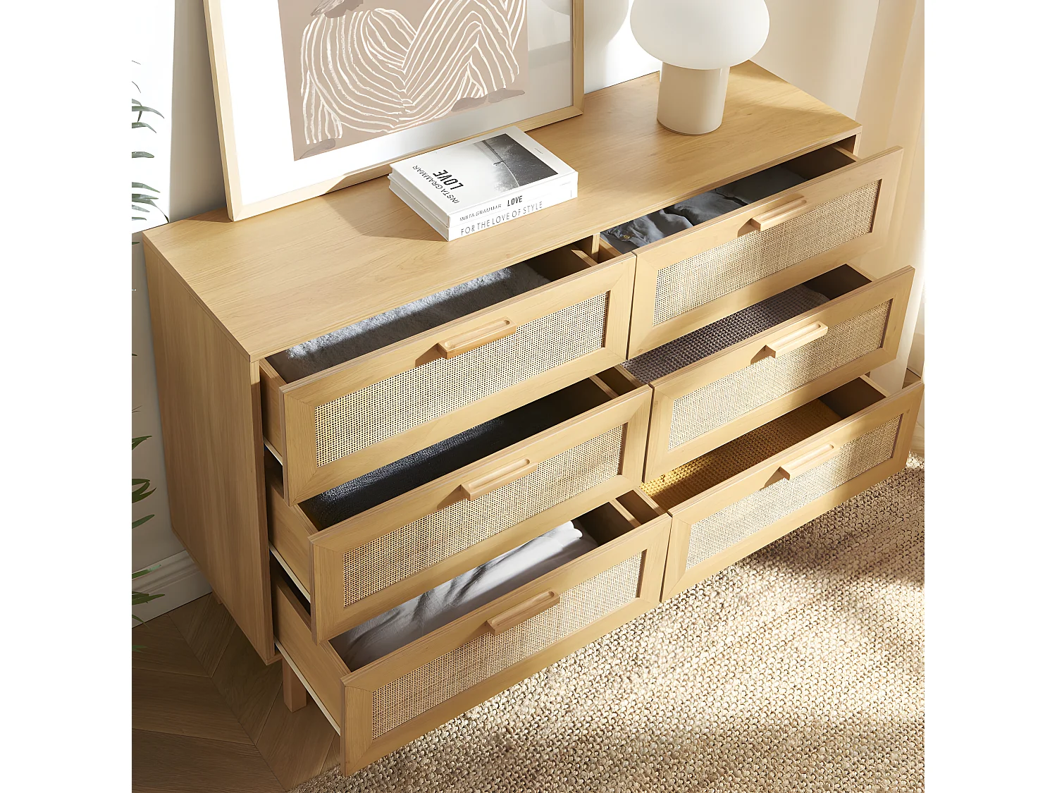 June - Commode 6 tiroirs en bois et cannage L130cm - Bois clair